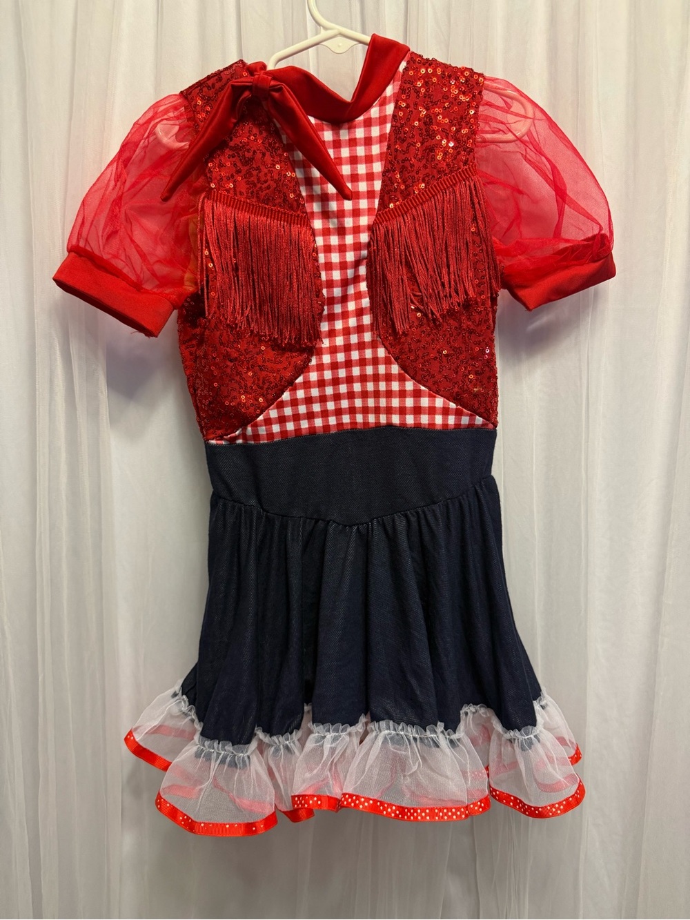 Revolution Red Sequin Fringe & Navy Tulle Dance Costume girls sz. 7/8
